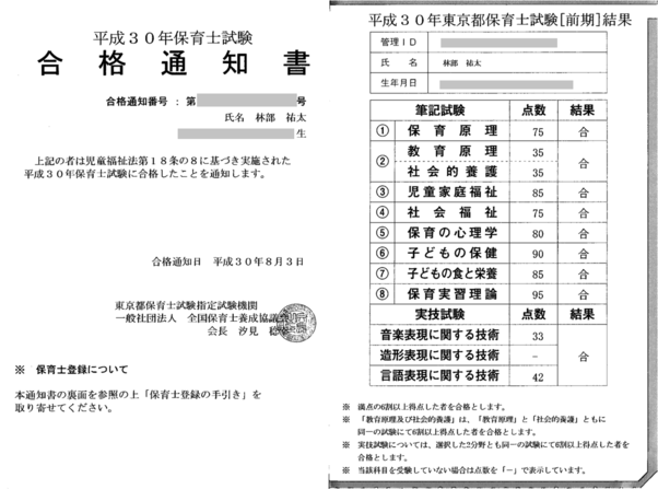 保育士試験合格通知書